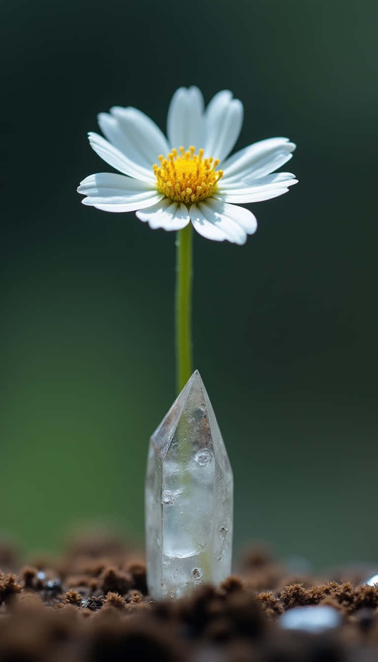Flower 壁紙 — 一朵精緻的白色雛菊，帶有鮮豔的黃色中心，盛開在嵌入肥沃棕色土壤的透明石英晶體上。