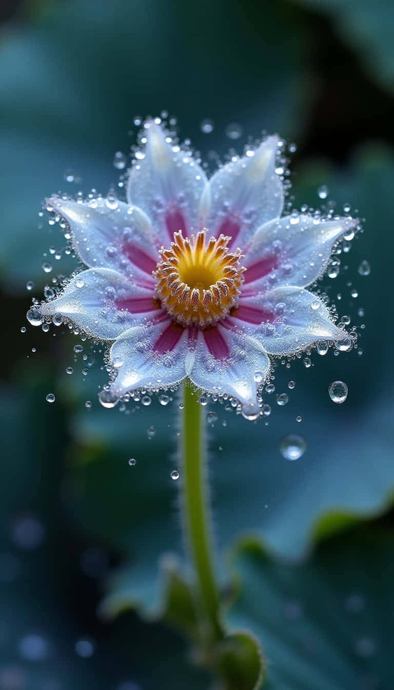 Flower 壁紙 — 一朵精緻的白花，帶有粉紅色中心和黃色雄蕊，在模糊的綠色背景上閃爍著露珠。