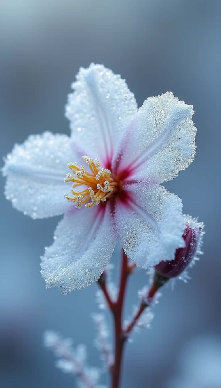 Flower 壁紙 — 一朵精緻的白花，花瓣上帶有霜晶，黃色花蕊在柔和的藍色背景中綻放。