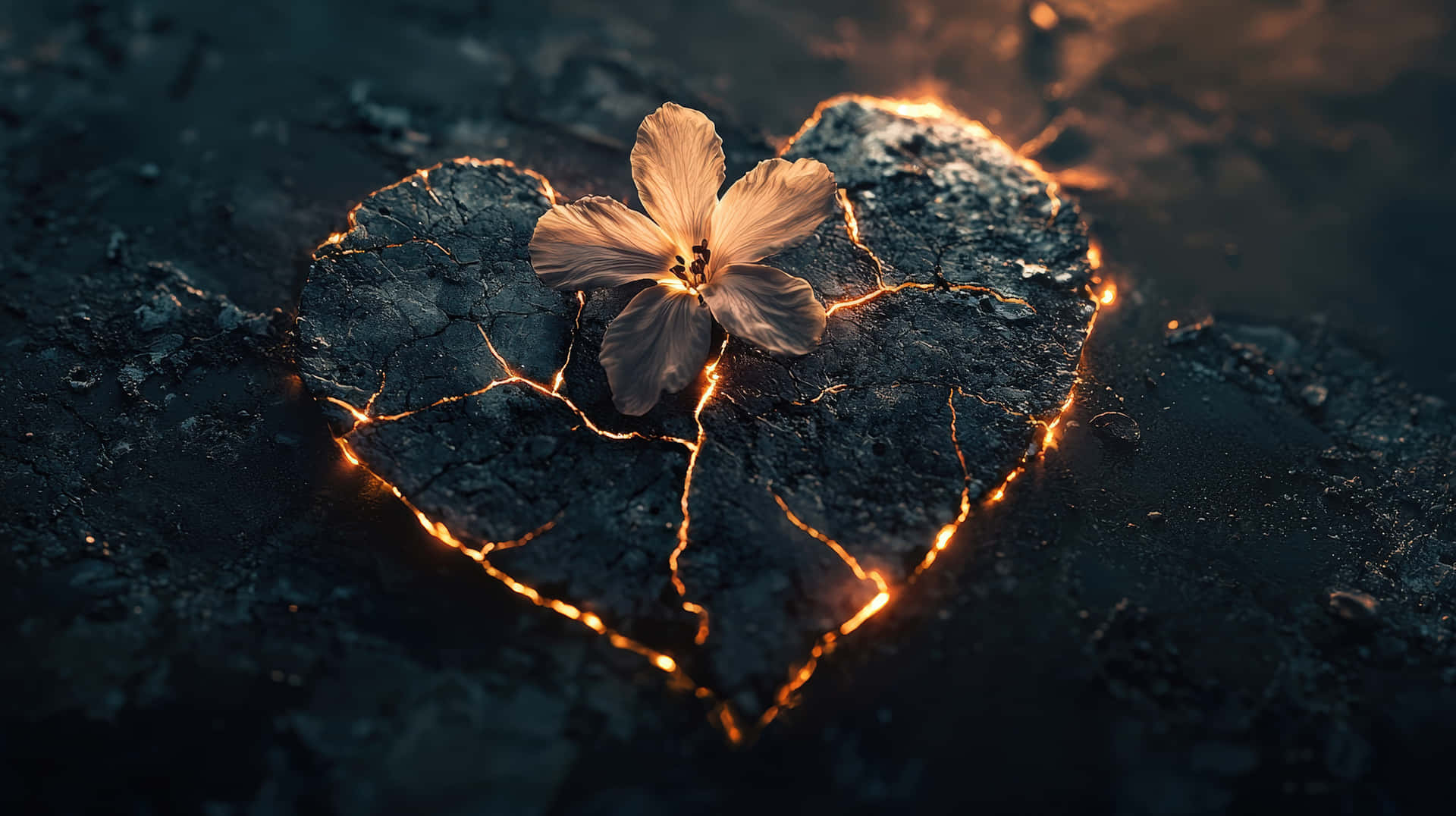 A heart-shaped cracked stone glows with molten lava, while a delicate flower blooms on top 壁紙 — 一朵精緻的白花在裂開的心形地面中央盛開，散發著溫暖的金色光芒。