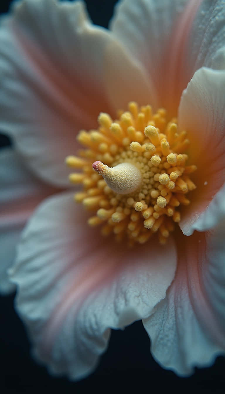 Flower 壁紙 — 一朵精緻的粉白色木芙蓉花特寫，中央有鮮黃色的雄蕊，背景為深色。
