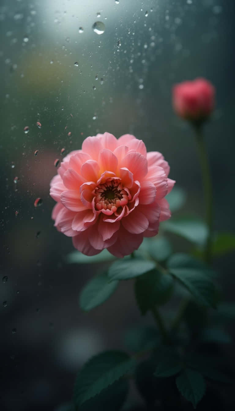 Flower 壁紙 — 一朵精緻的粉紅大麗花透過沾滿雨點的玻璃柔和綻放，背景中有一朵模糊的玫瑰花蕾。