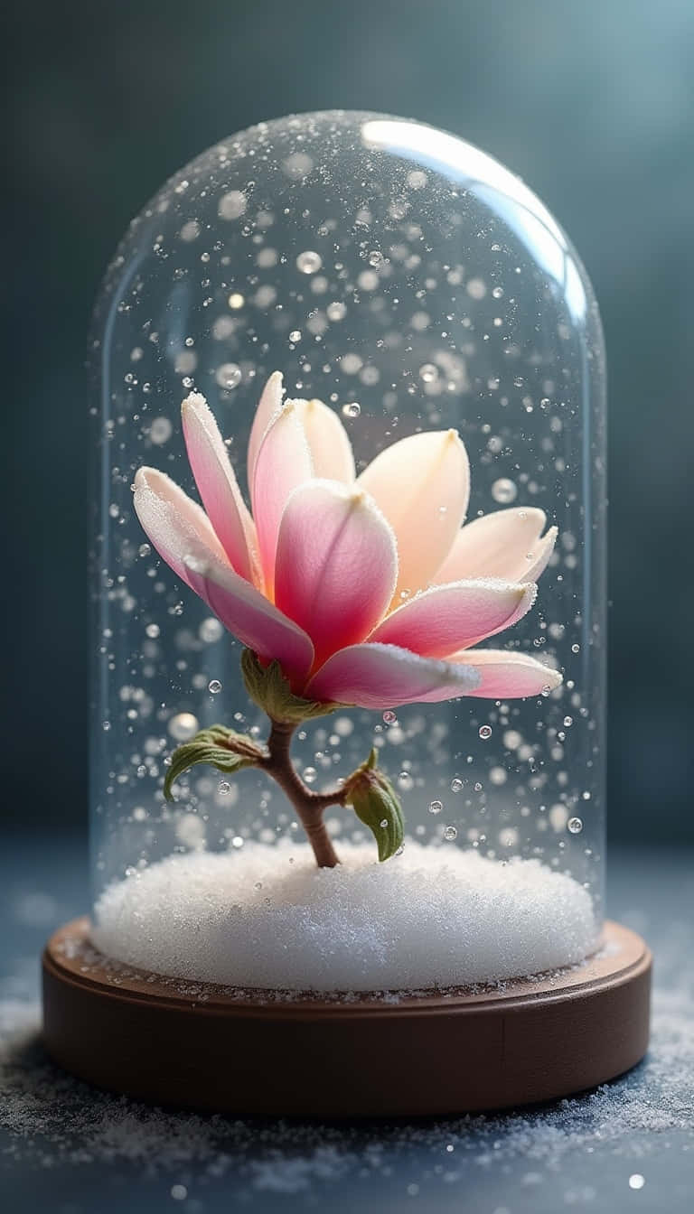 Flower 壁紙 — 一朵精緻的粉紅木蘭花藏在玻璃罩內的雪中，裡面有飄落的雪花。