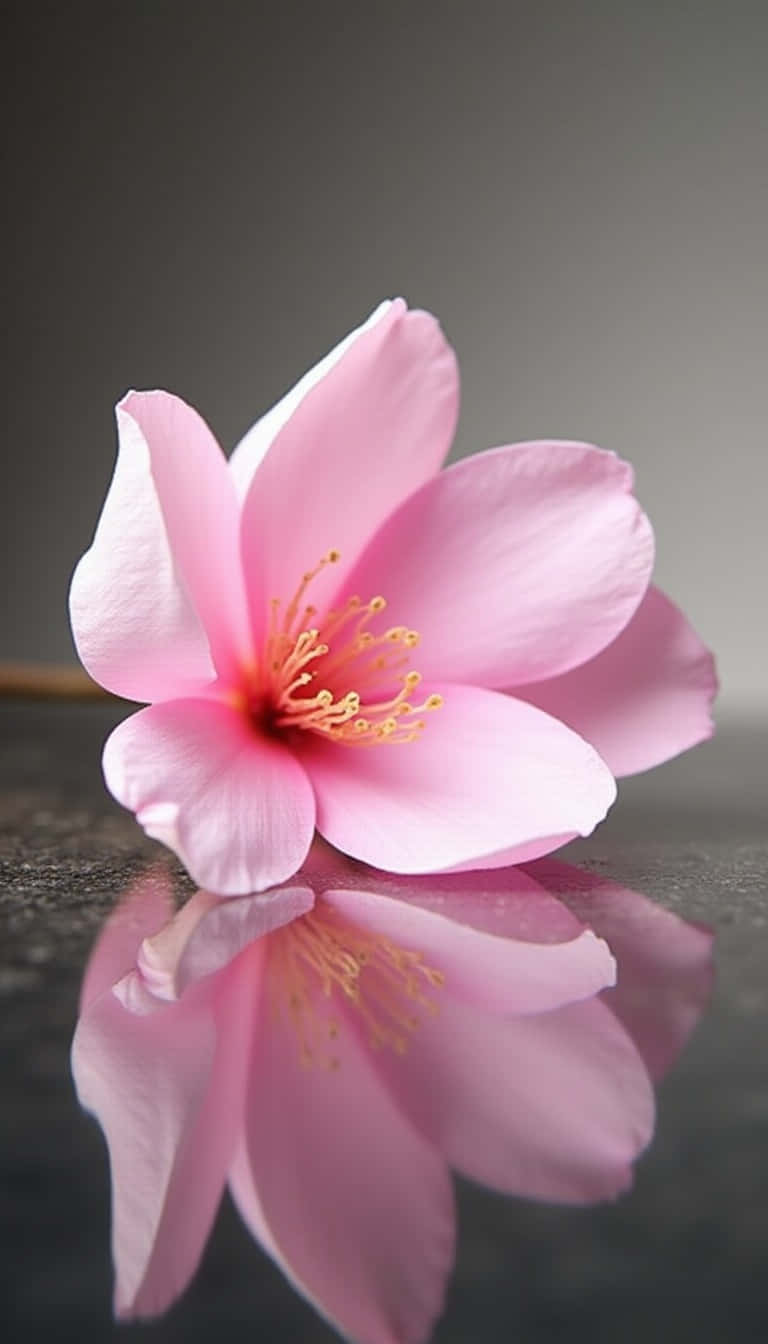Flower 壁紙 — 一朵精緻的粉紅櫻花，帶有黃色雄蕊，靜置在深色反光表面上，映照出其柔軟的花瓣。
