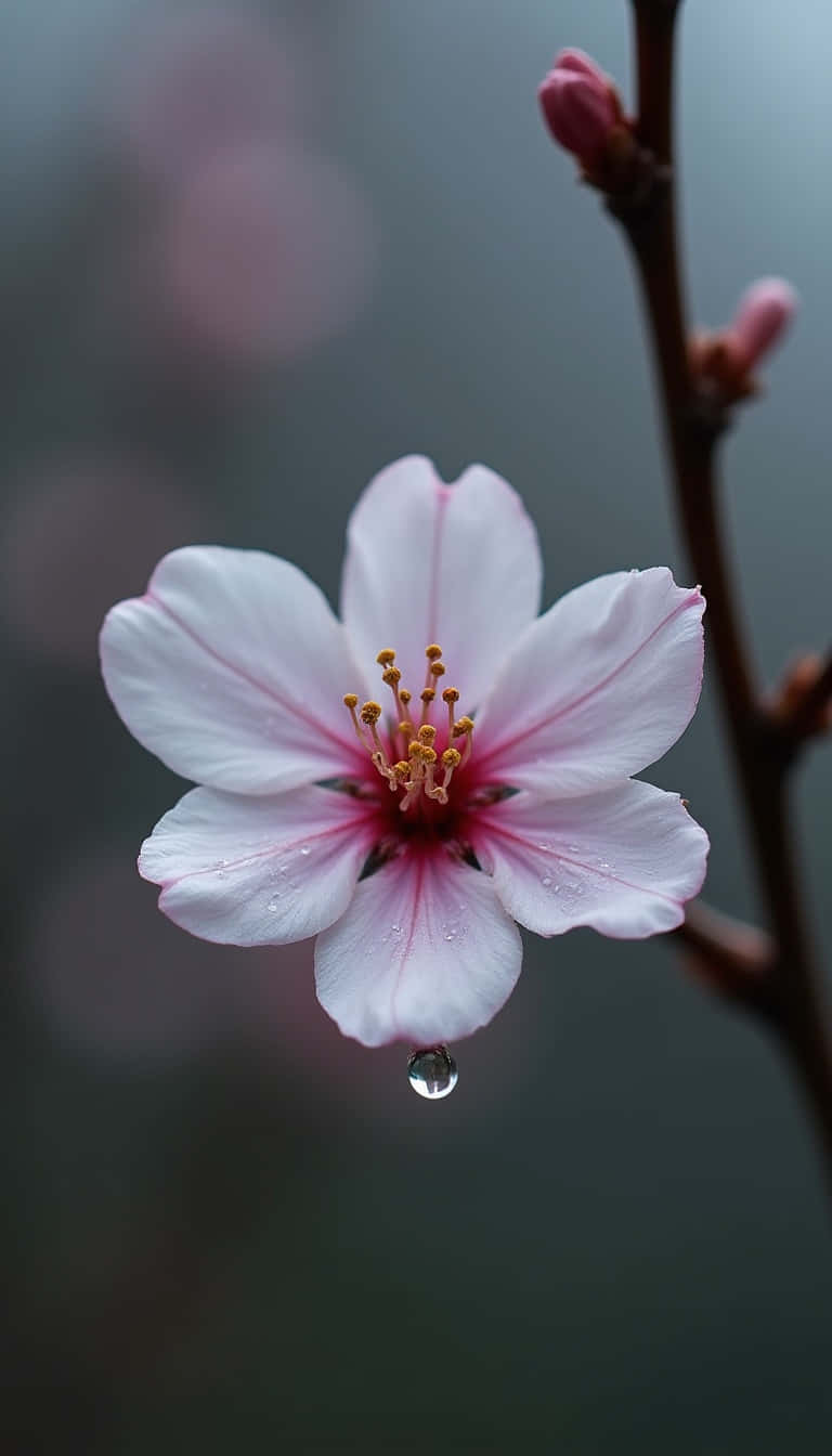 Flower 壁紙 — 一朵精緻的粉紅櫻花，花瓣上掛著一滴露珠，背景柔和模糊。