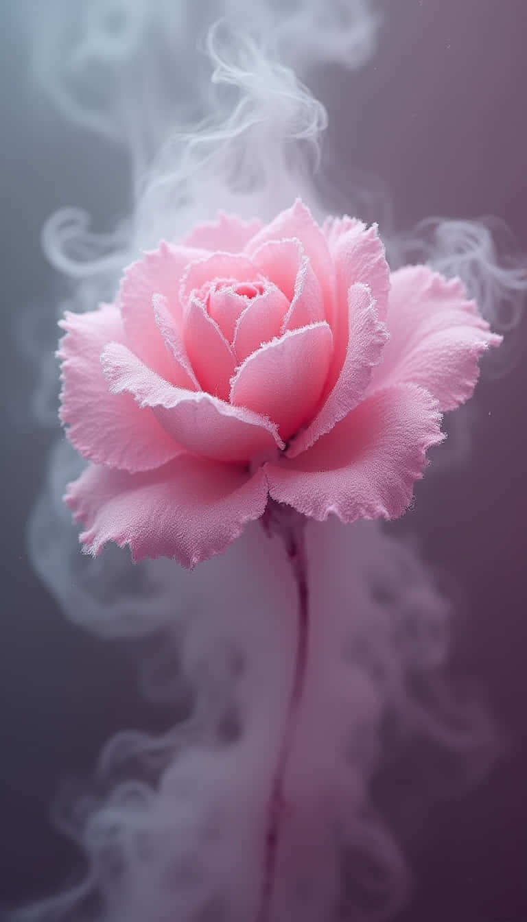 Flower 壁紙 — 一朵精緻的粉紅玫瑰，帶有霜狀邊緣，在旋轉的白煙中綻放，背景為柔和的紫色。