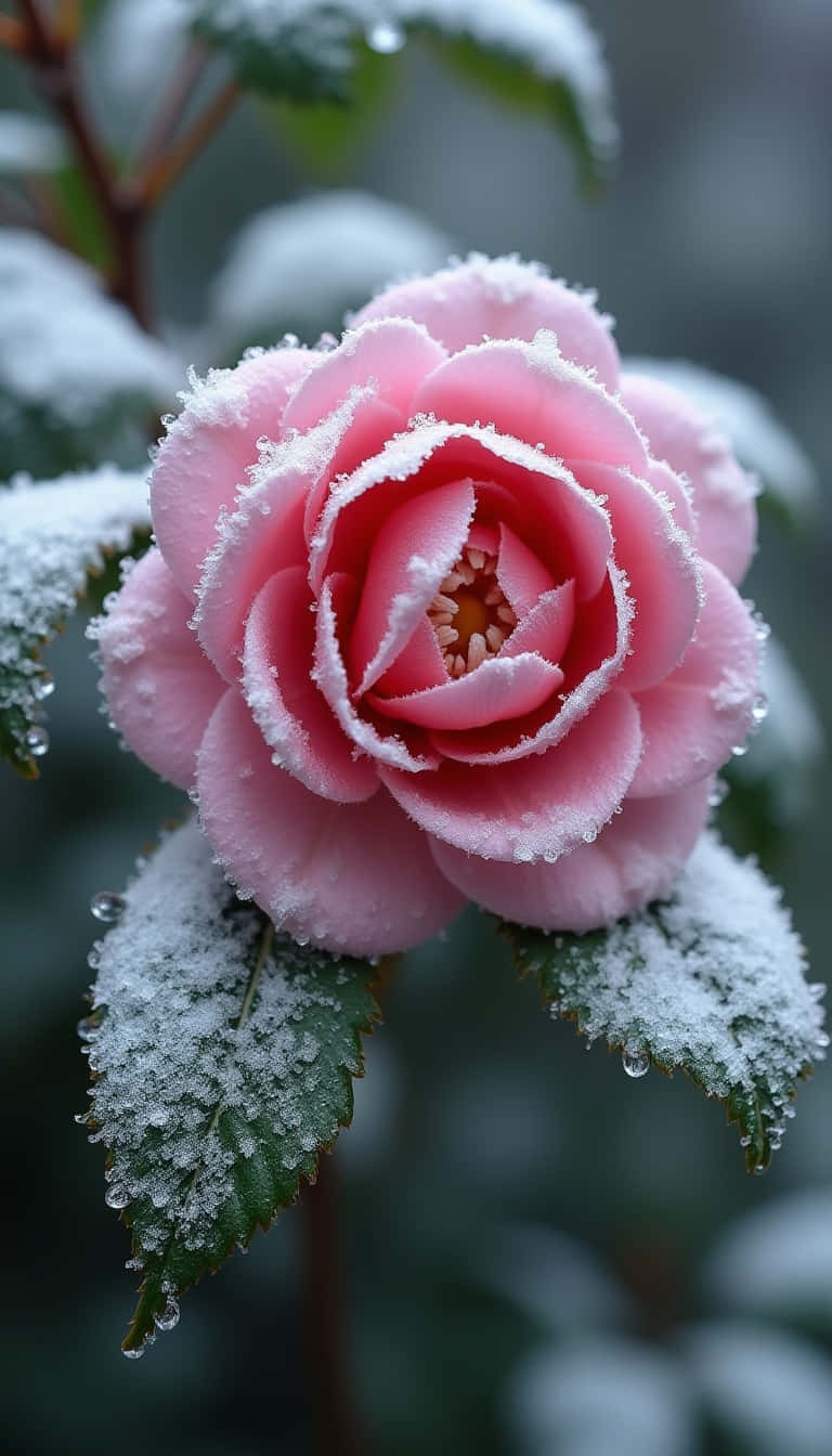 Flower 壁紙 — 一朵精緻的粉紅玫瑰，覆蓋著霜和露水，葉子上灑滿雪花，背景是模糊的綠色。