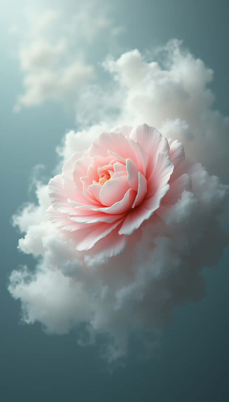 Flower 壁紙 — 一朵精緻的粉紅玫瑰在柔軟的白雲中盛開，映襯著寧靜的藍綠色天空。