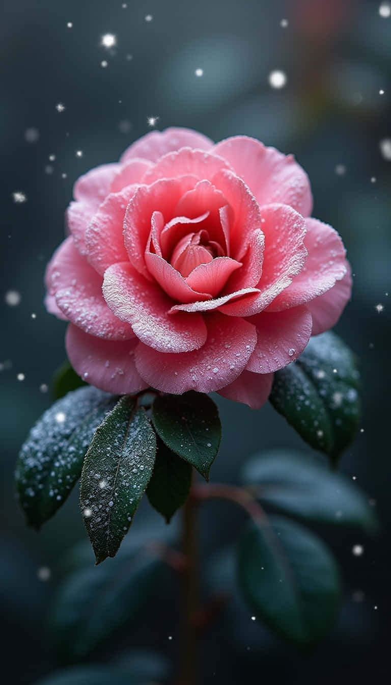 Flower 壁紙 — 一朵精緻的粉紅玫瑰在黑暗模糊的背景中閃爍著露珠，雪花飄落。
