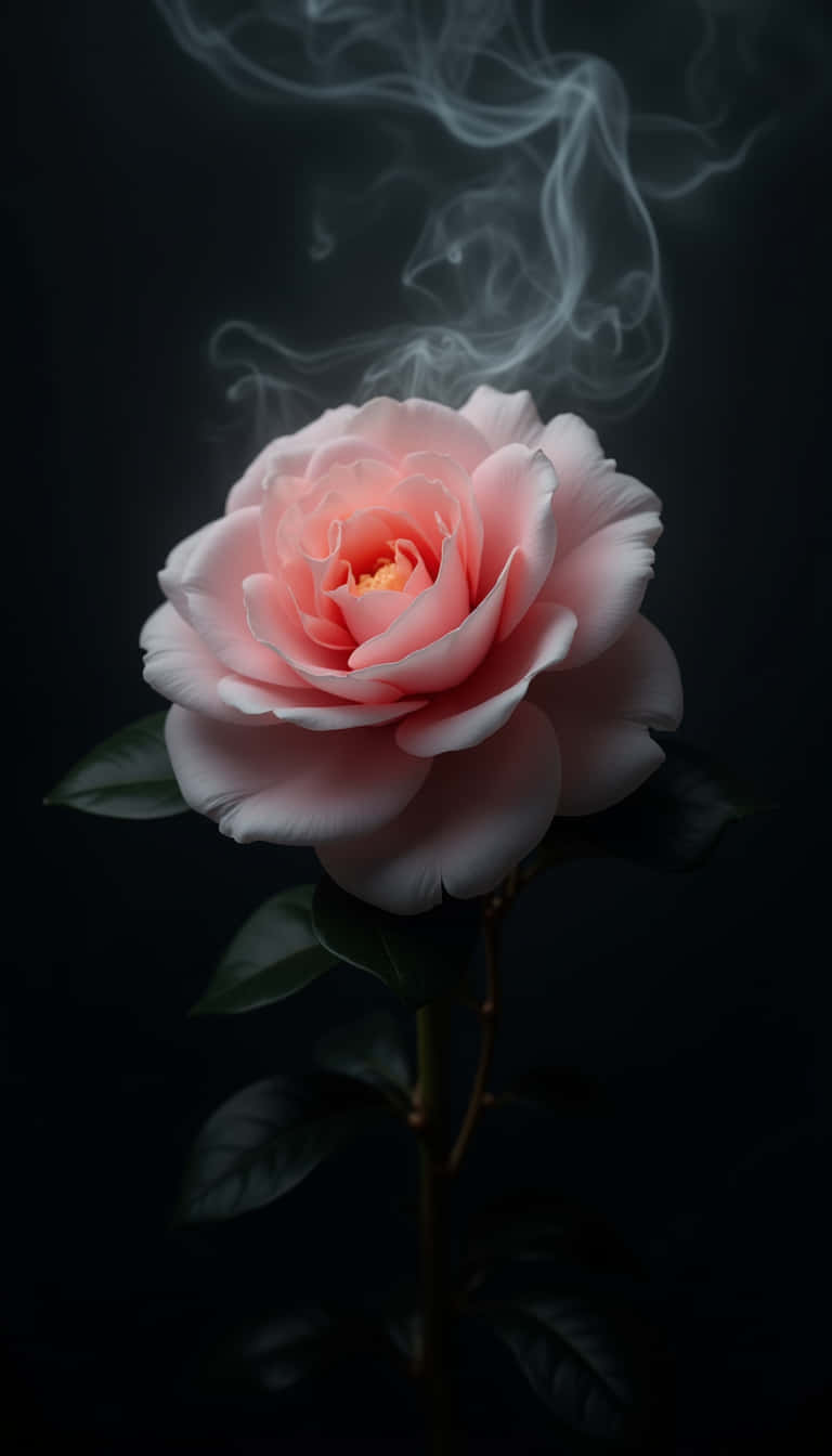 花卉 桌布 壁紙 — 一朵精緻的粉紅玫瑰在黑色背景上綻放，縷縷白煙在花瓣上方盤旋。