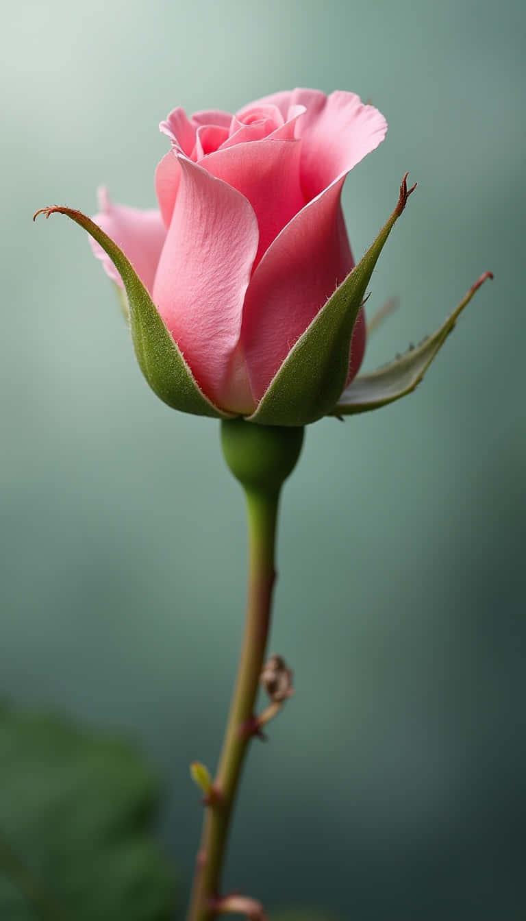 Flower 壁紙 — 一朵精緻的粉紅玫瑰花蕾，帶有綠色花萼和莖，在柔和的模糊青綠色背景前亭亭玉立。