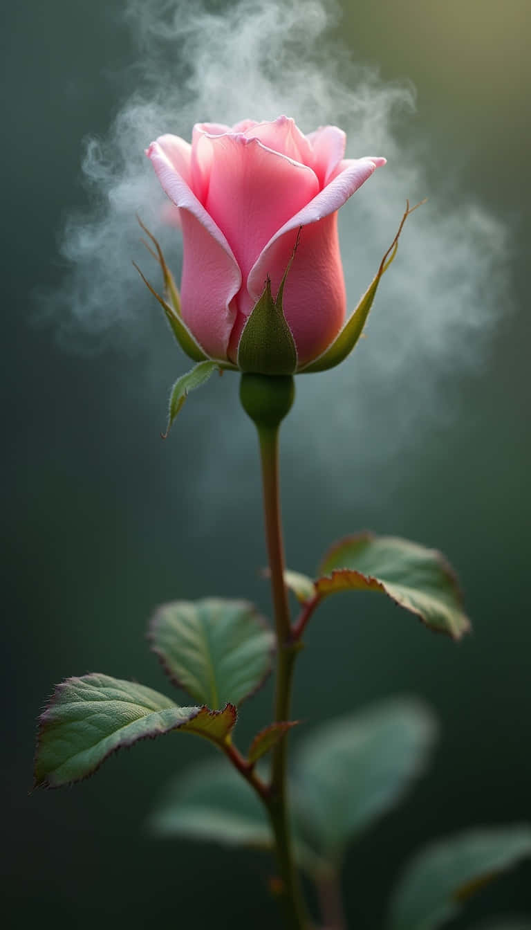Flower 壁紙 — 一朵精緻的粉紅玫瑰花蕾在黑暗模糊的背景中散發出柔和的煙霧。