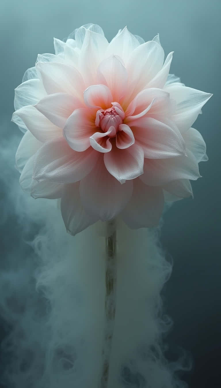 Flower 壁紙 — 一朵精緻的粉紅色大麗花，帶有層疊的半透明花瓣，從旋轉的白色薄霧中浮現，背景是冷灰色。