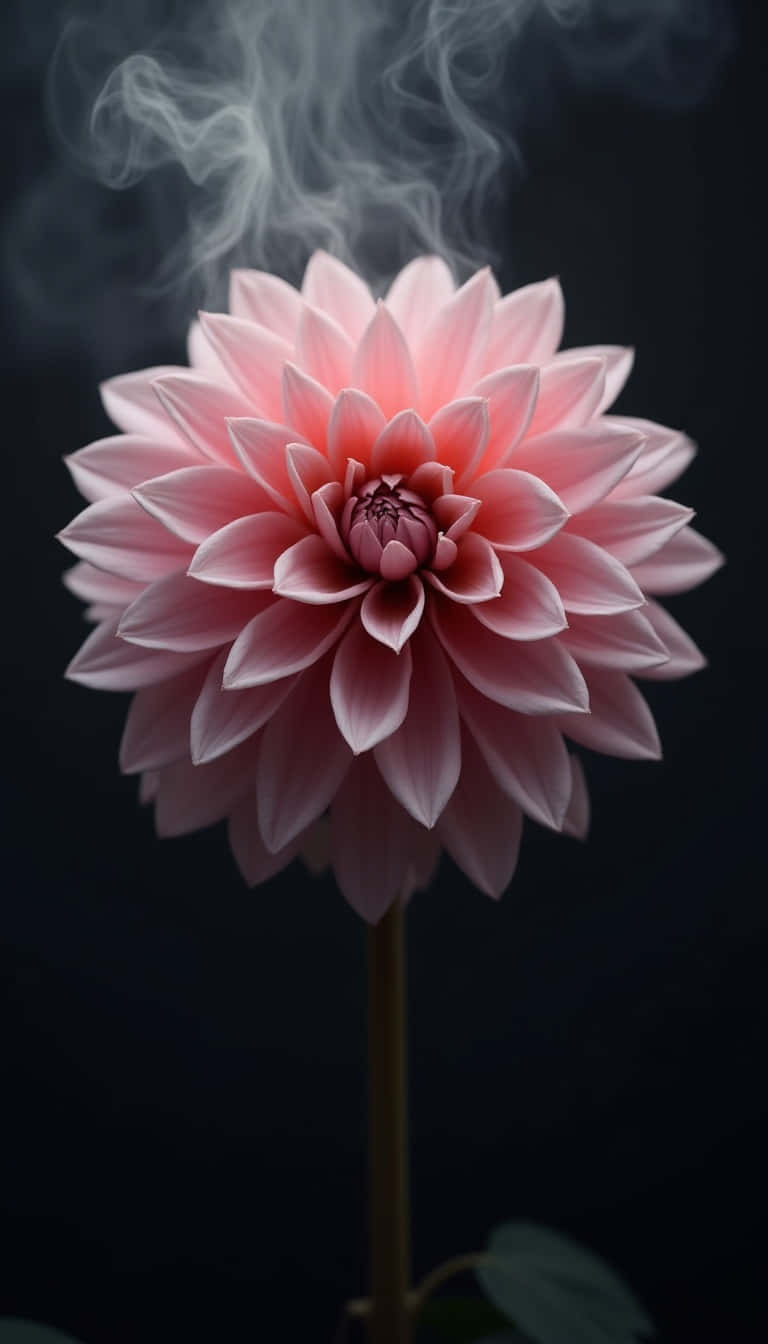 Flower 壁紙 — 一朵精緻的粉紅色大麗花在深色背景下綻放，白色的煙霧縷縷盤旋在其層層花瓣之上。