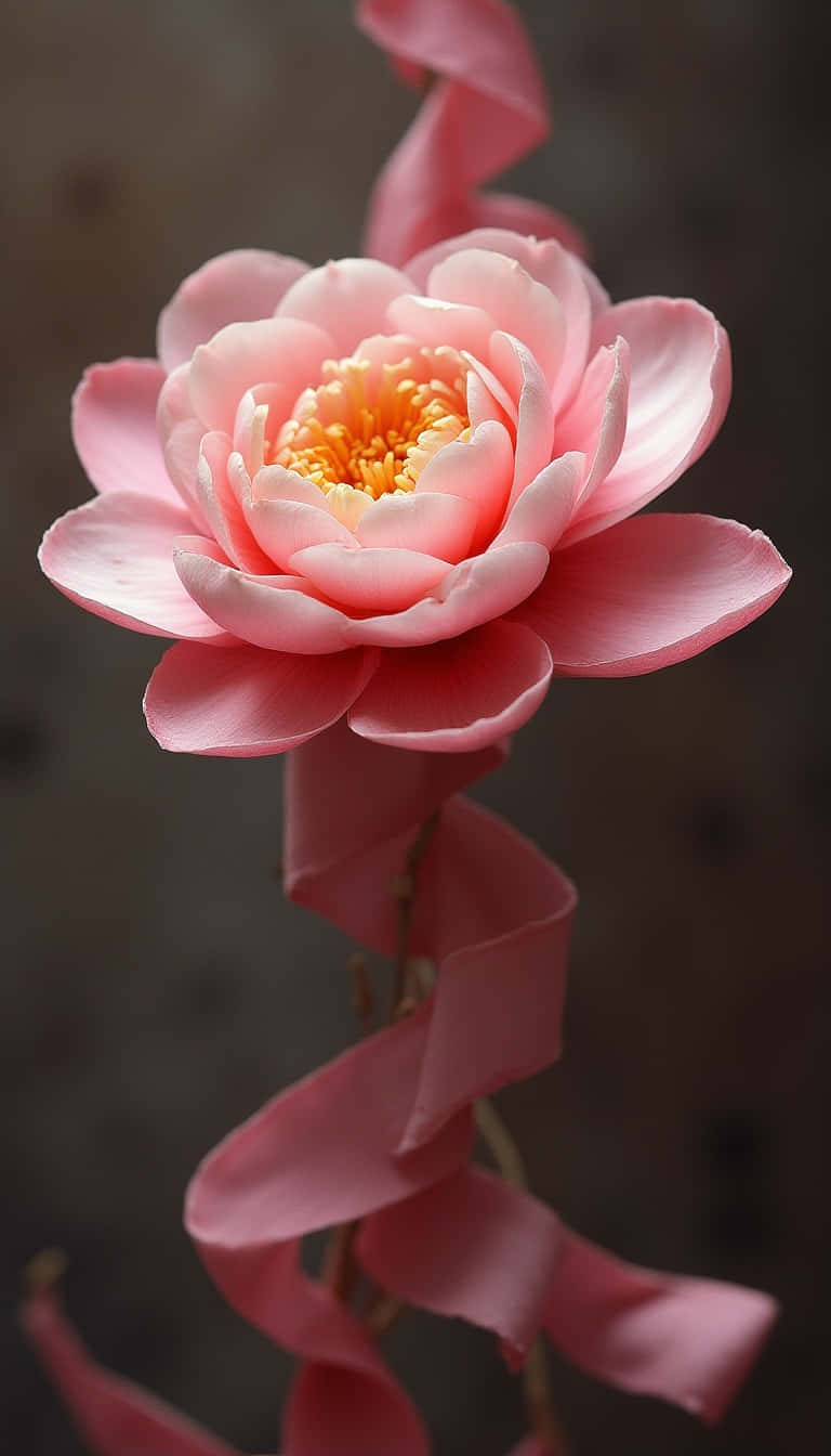 Flower 壁紙 — 一朵精緻的粉紅色山茶花，帶有金色花心，在深色模糊的背景上，被柔軟的粉紅色絲帶優雅地框住。