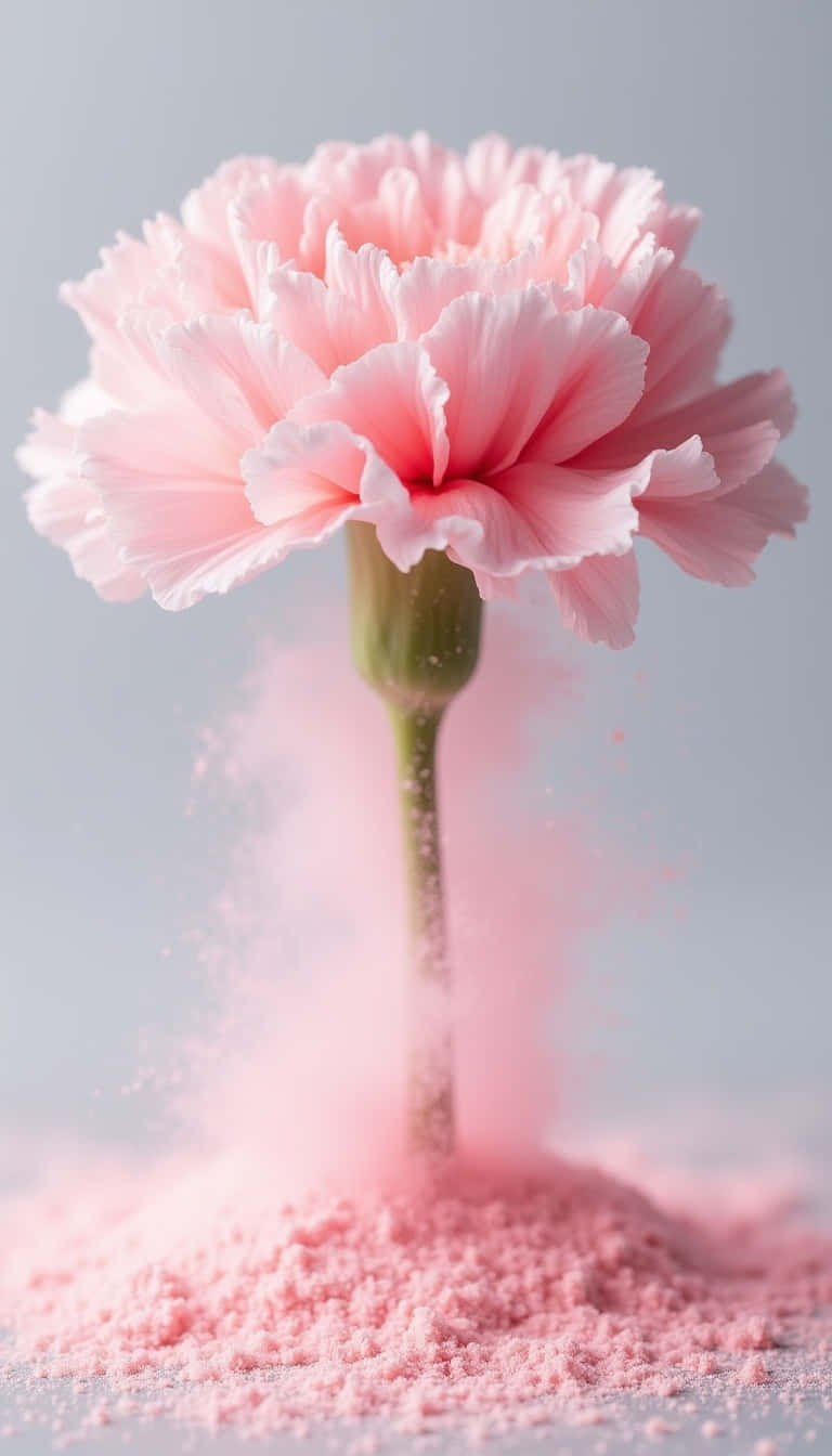 Flower 壁紙 — 一朵精緻的粉紅色康乃馨在柔和的灰色背景上綻放，粉紅色的粉末從其莖部噴出。