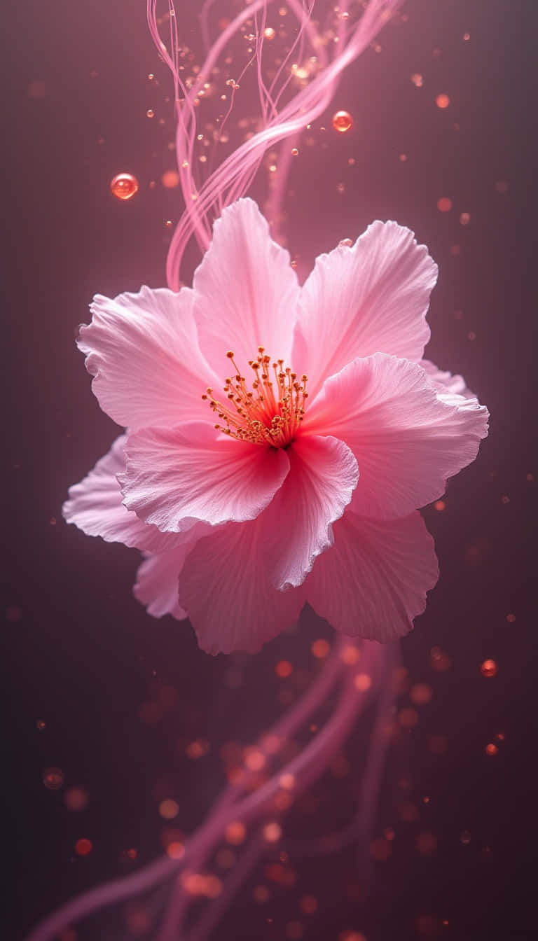 Flower 壁紙 — 一朵精緻的粉紅色木槿花在黑暗背景下綻放，周圍環繞著發光的粒子和空靈的粉紅色卷鬚。