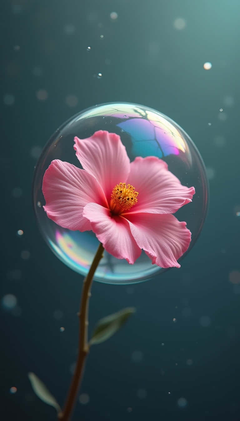 Flower 壁紙 — 一朵精緻的粉紅色木槿花漂浮在閃閃發光的氣泡內，背景是深藍綠色，帶有漂浮的顆粒。