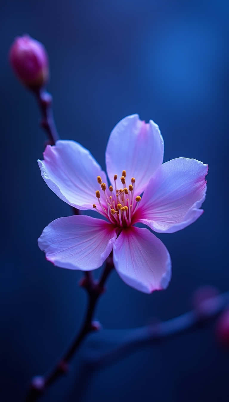 Flower 壁紙 — 一朵精緻的粉紅色櫻花，帶有黃色雄蕊，在深藍色模糊背景中綻放，附近有一個花蕾。