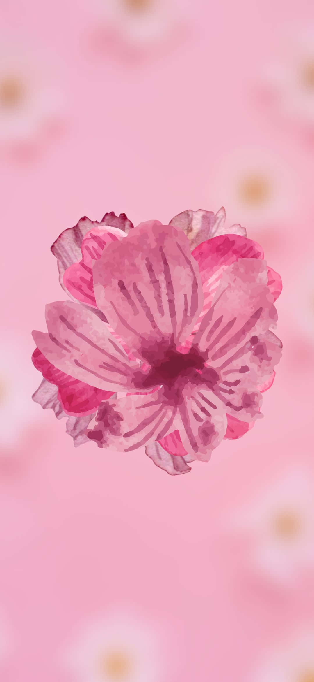 1080x2340 桌布 壁紙 — 一朵精緻的粉紅色水彩櫻花漂浮在帶有模糊花卉形狀的柔和粉紅色背景上。