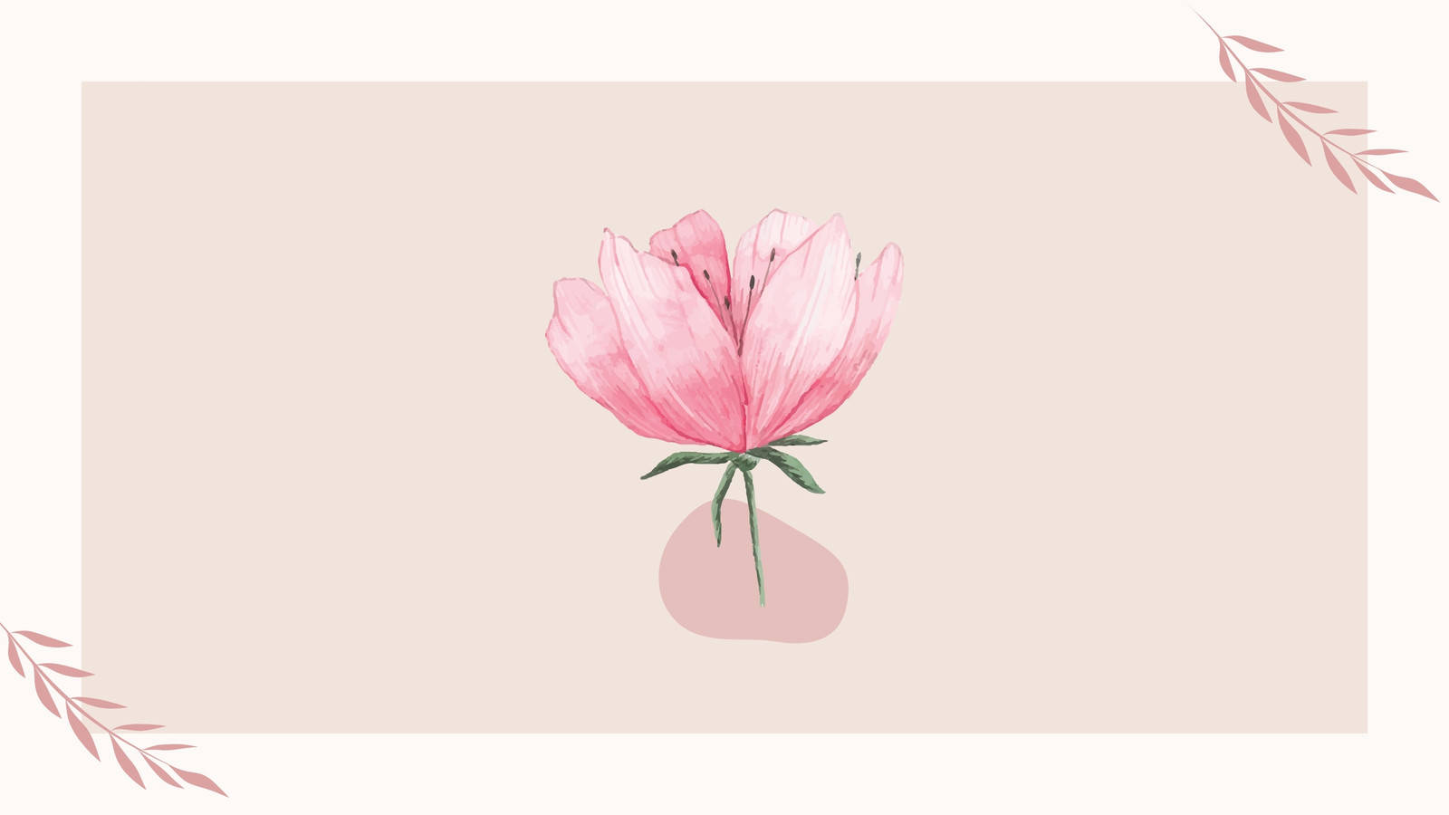 Pink Flower 桌布 壁紙 — 一朵精緻的粉紅色水彩花，帶有綠色莖，放置在柔和的腮紅背景上，並以微妙的葉子角落框住。