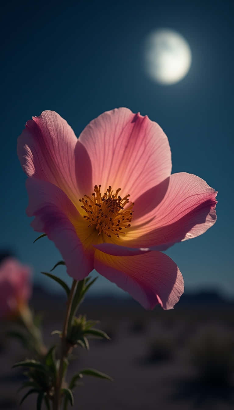 Flower 壁紙 — 一朵精緻的粉紅色沙漠花在明亮的滿月下，在深藍色的夜空中綻放。