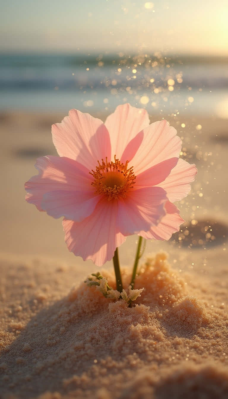 Flower 壁紙 — 一朵精緻的粉紅色波斯菊在金色沙灘上綻放，夕陽下陽光照射的海浪水花在它周圍舞動。