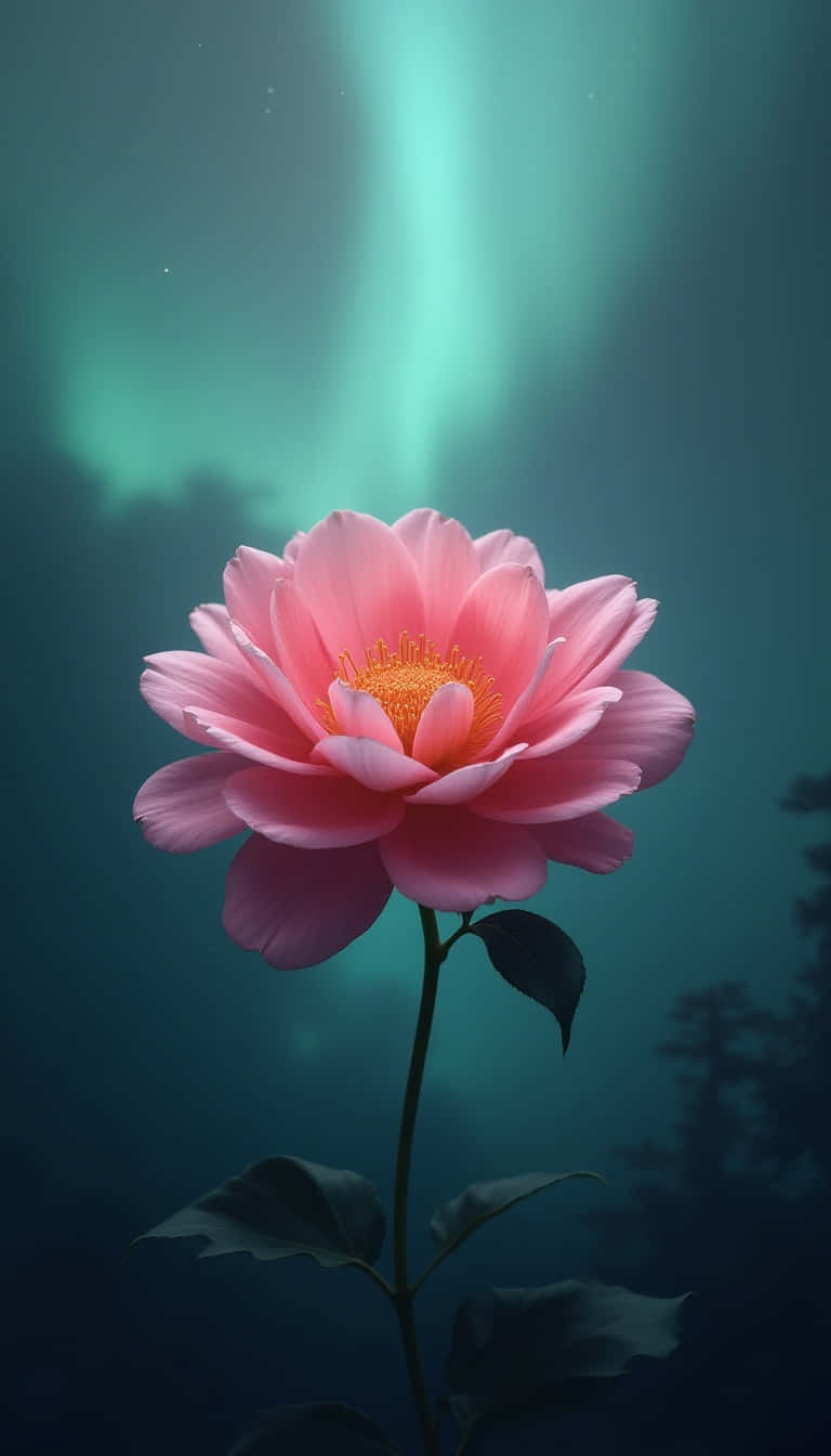Flower 壁紙 — 一朵精緻的粉紅色牡丹在發光的綠色北極光下在水底盛開。
