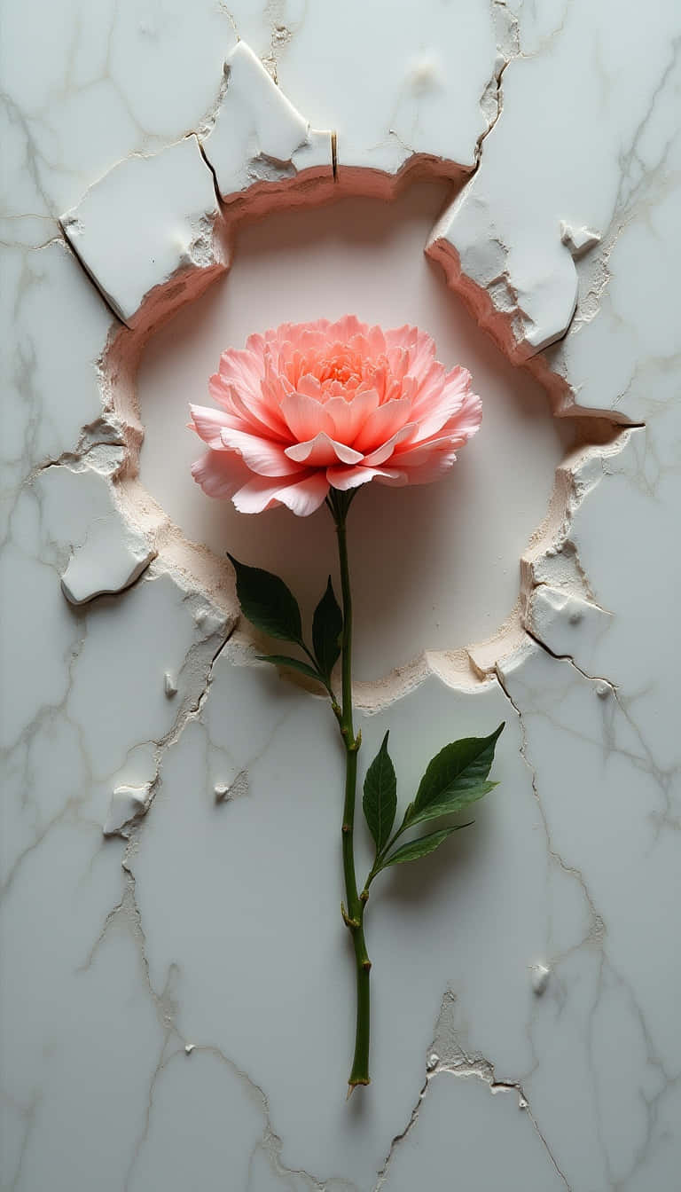 Flower 壁紙 — 一朵精緻的粉紅色牡丹穿過白色大理石上的鋸齒狀孔洞盛開，露出下方柔和的蜜桃色調。