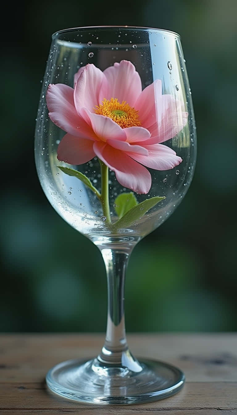 Flower 壁紙 — 一朵精緻的粉紅色牡丹花，黃色花心，漂浮在一個沾滿露珠的酒杯中，置於木質表面上。