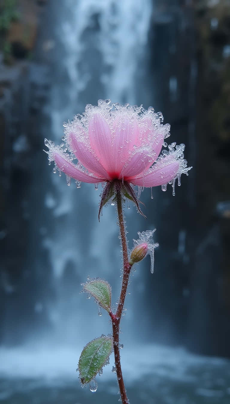 Flower 壁紙 — 一朵精緻的粉紅色花朵，帶有冰滴和霜凍邊緣，立於模糊的層疊瀑布前。