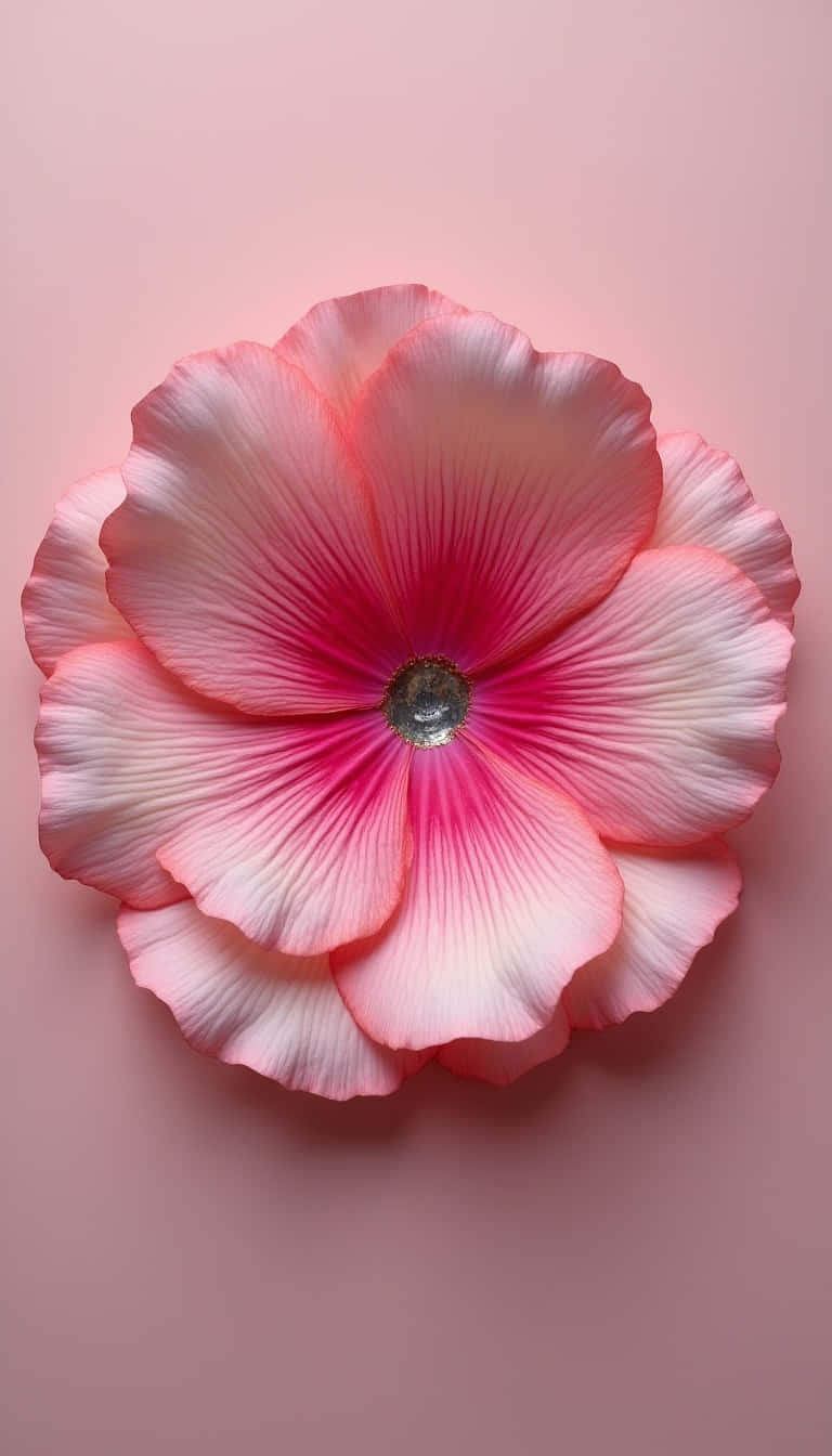 Flower 壁紙 — 一朵精緻的粉紅色花朵，帶有漸層花瓣和金屬中心，在柔和的粉紅色背景上綻放。