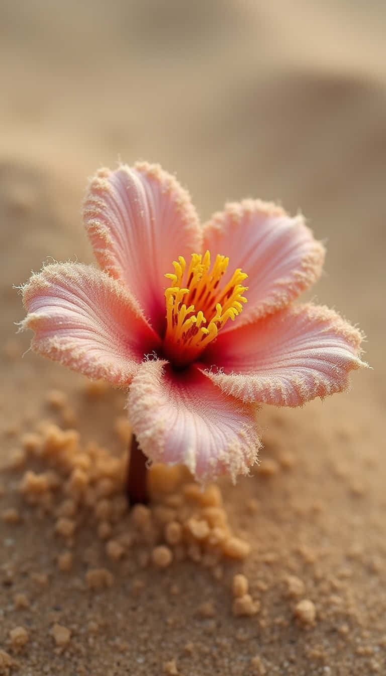 Flower 壁紙 — 一朵精緻的粉紅色花朵，帶有磨損的花瓣和鮮黃色的中心，從沙土中頑強地綻放。