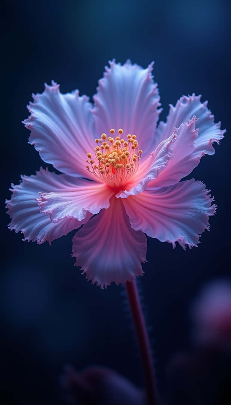 Flower 壁紙 — 一朵精緻的粉紅色花朵，帶有褶邊花瓣和金色雄蕊，在深藍色背景上柔和地發光。