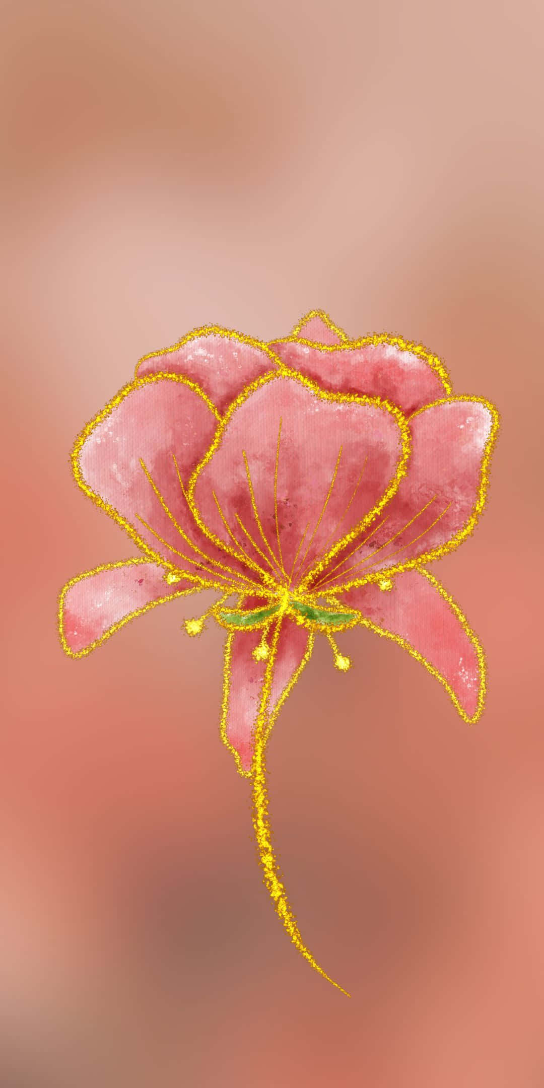 1080x2160 桌布 壁紙 — 一朵精緻的粉紅色花朵，帶有金色閃粉邊緣和莖，漂浮在柔和的蜜桃漸層背景上。