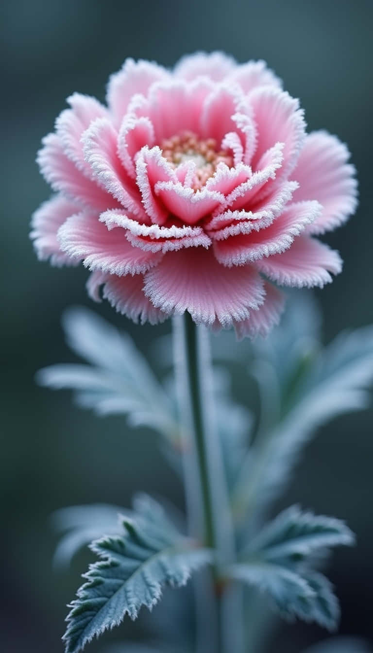 Flower 壁紙 — 一朵精緻的粉紅色花朵，帶有霜白色邊緣，在柔和模糊的綠色背景中綻放。