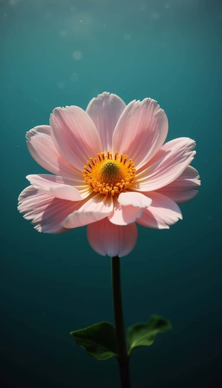 Flower 壁紙 — 一朵精緻的粉紅色花朵，帶有鮮豔的黃色花蕊，在深藍綠色背景下於水中盛開。
