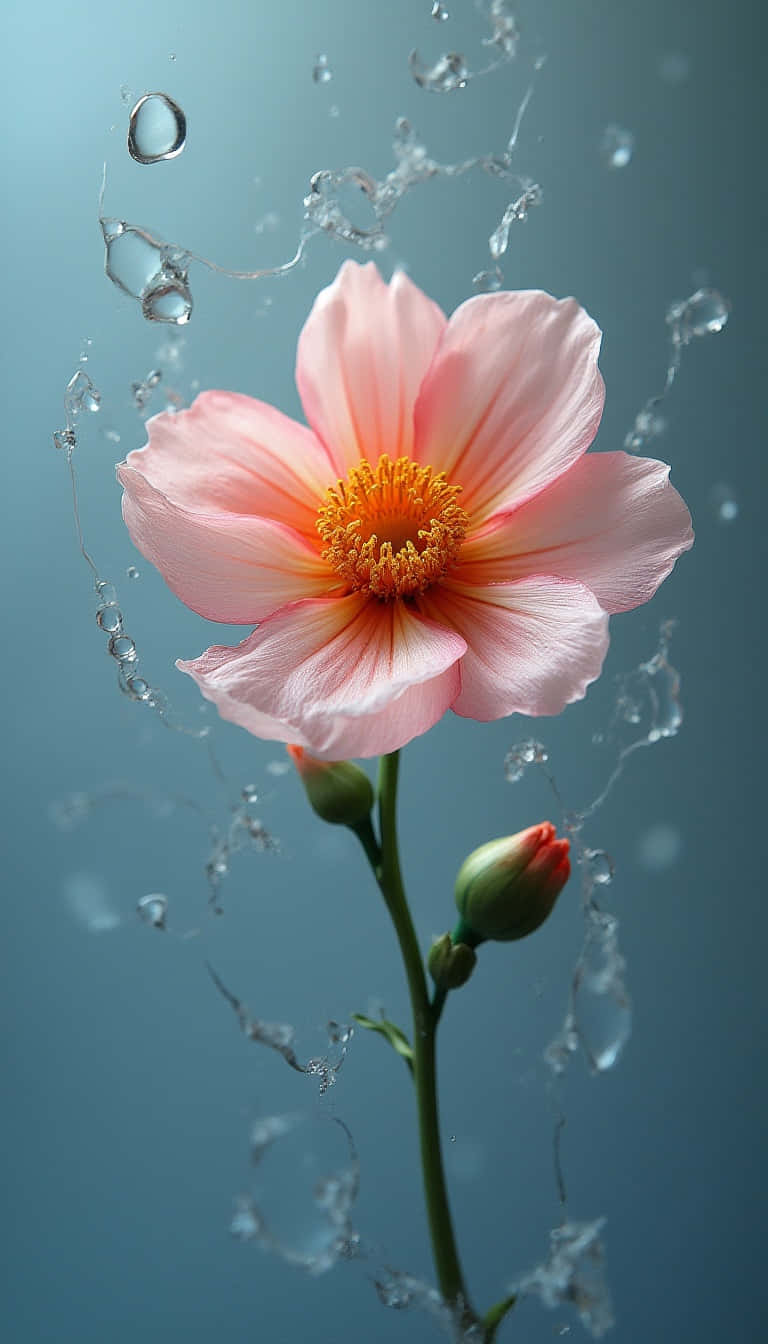 Flower 壁紙 — 一朵精緻的粉紅色花朵，帶有黃色花蕊，在懸浮的水滴中綻放，背景為清涼的藍色。