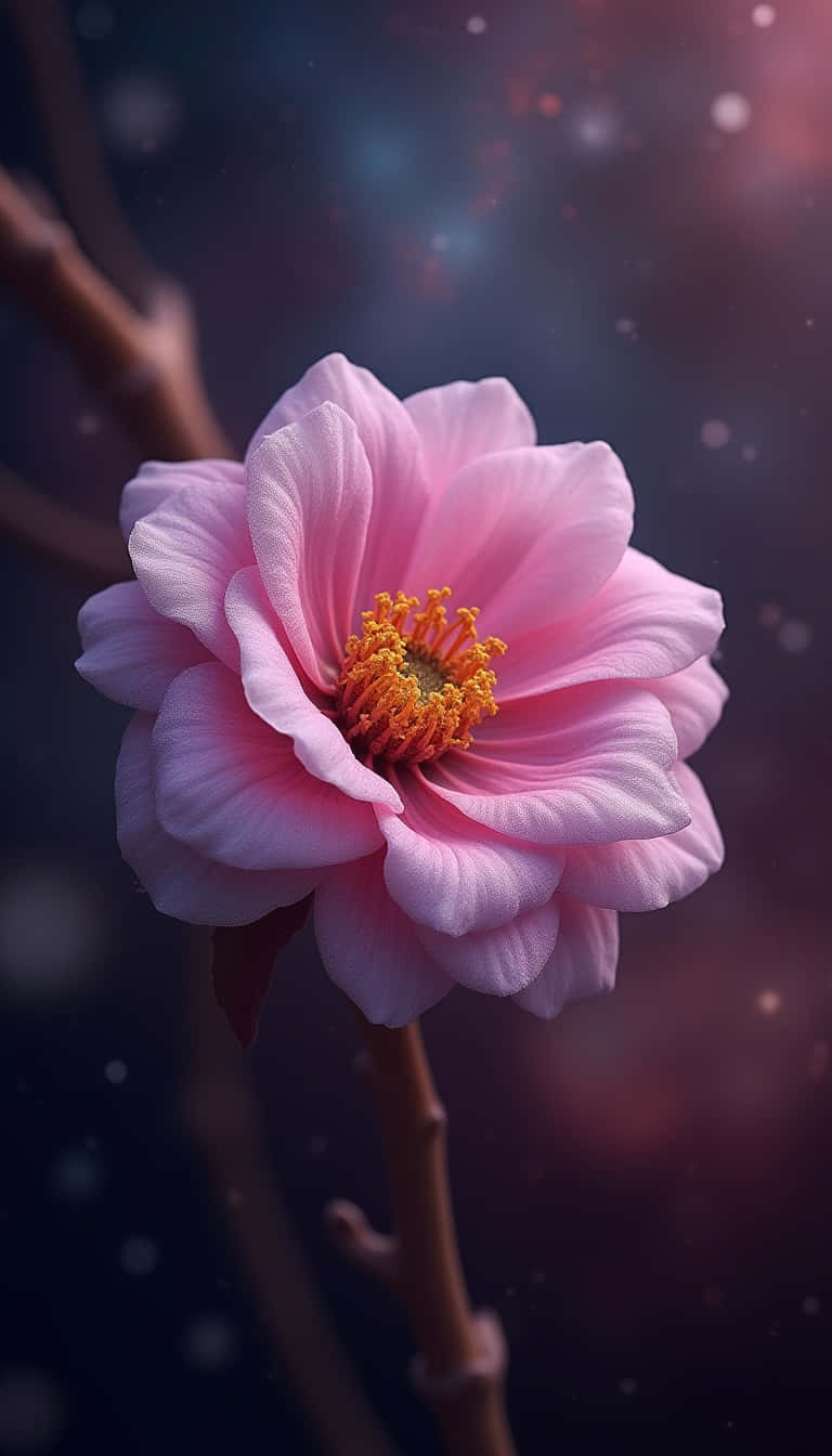 Flower 壁紙 — 一朵精緻的粉紅色花朵，擁有層層花瓣和金色雄蕊，在帶有浮游粒子的宇宙星雲背景下綻放。