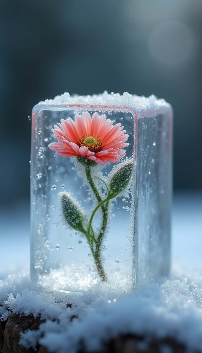 Flower 壁紙 — 一朵精緻的粉紅色花朵冰凍在透明的冰塊內，周圍被雪覆蓋。