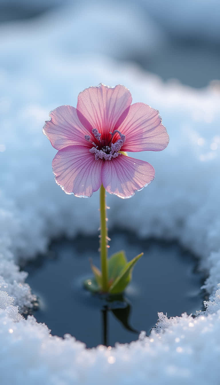 花卉 桌布 壁紙 — 一朵精緻的粉紅色花朵從被純淨雪包圍的黑暗水池中 defiantly 綻放。