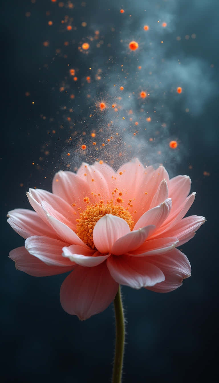 Flower 壁紙 — 一朵精緻的粉紅色花朵盛開，發光的橙色粒子從其中心向上旋轉，映襯著黑暗煙霧的背景。