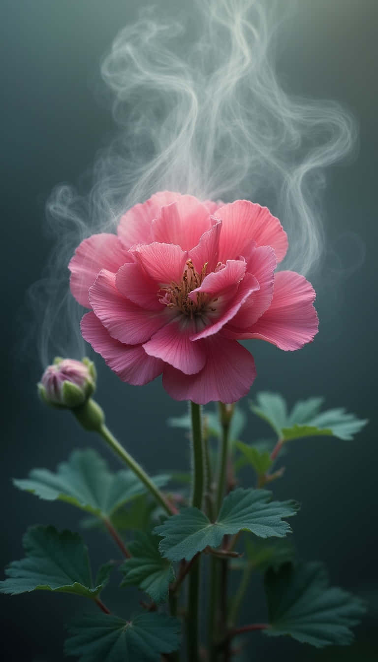 Flower 壁紙 — 一朵精緻的粉紅色花朵盛開，縷縷白煙在深綠色背景襯托下向上繚繞。