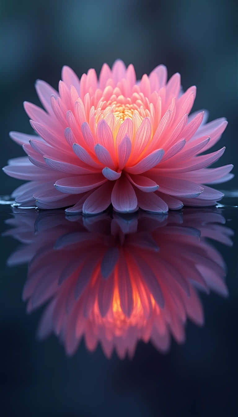 Flower 壁紙 — 一朵精緻的粉紅色菊花漂浮在深色水上，其鮮豔的花瓣和發光的花心完美地倒映在下方。