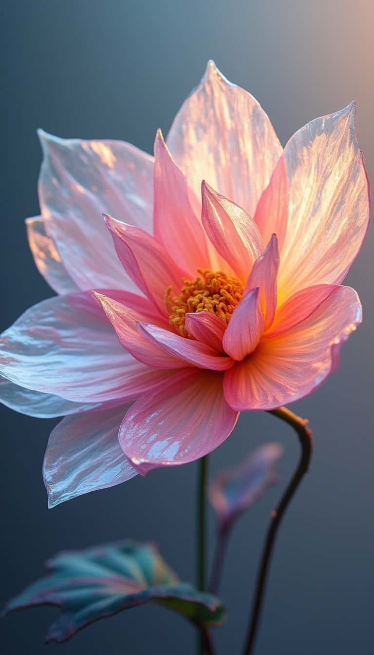 Flower 壁紙 — 一朵精緻的粉紅色蓮花，帶有半透明的花瓣和金色花心，在清涼的藍色背景上柔和地發光。