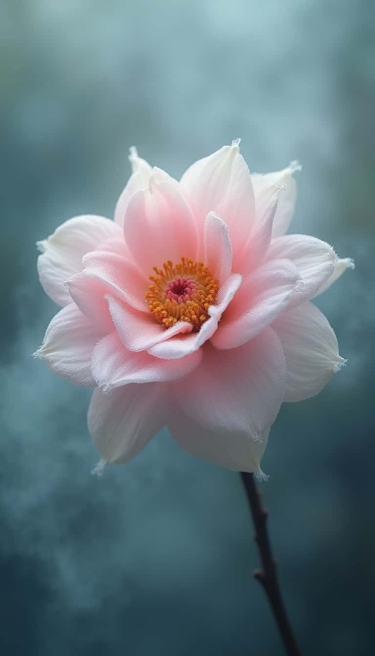 Flower 壁紙 — 一朵精緻的粉紅色蓮花，帶有金色花心，在朦朧的藍綠色背景上柔和綻放。