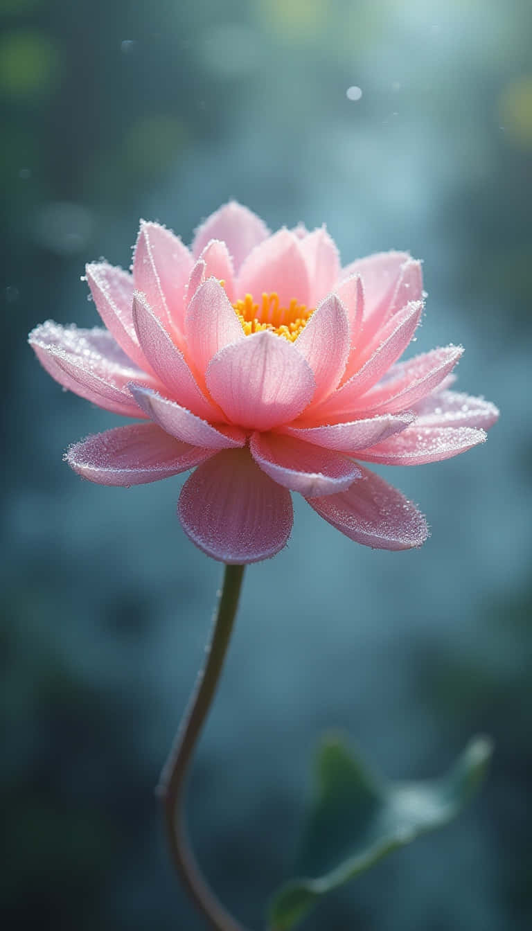 Flower 壁紙 — 一朵精緻的粉紅色蓮花，帶有露珠，在柔和的晨光中閃爍，背景是模糊的綠色。