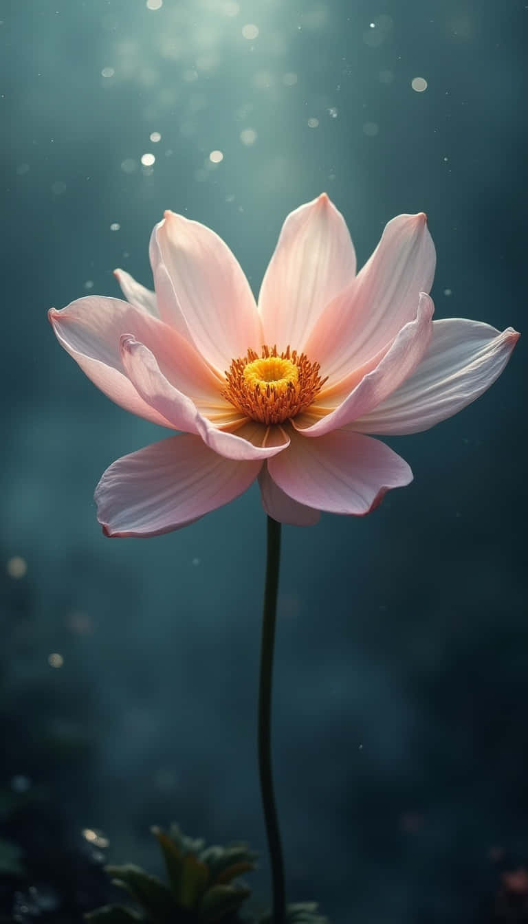 Flower 壁紙 — 一朵精緻的粉紅色蓮花在水下盛開，金色的雄蕊在陽光透過深藍色水時閃閃發光。