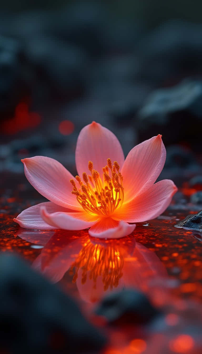 Flower 壁紙 — 一朵精緻的粉紅色蓮花漂浮在發光的紅水上，背景有深色岩石，呈現柔和焦點。