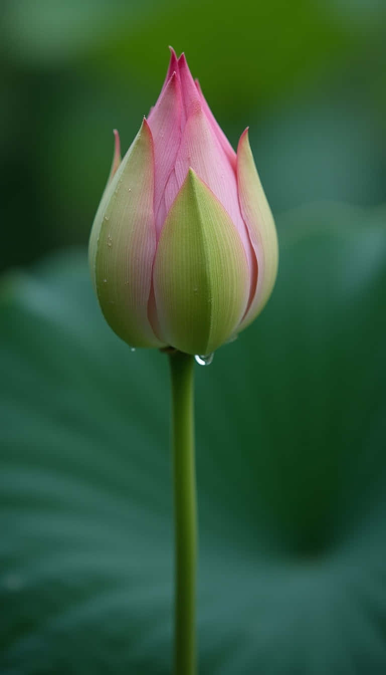 Flower 壁紙 — 一朵精緻的粉紅色蓮花花蕾在柔和的綠色模糊背景上閃爍著露珠。